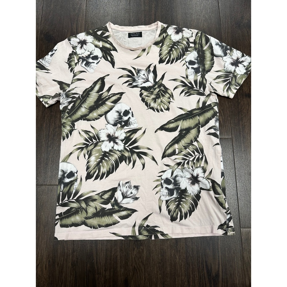 Zara Man‎ Tropical Skull & Hibiscus Floral Print T-Shirt - Size M